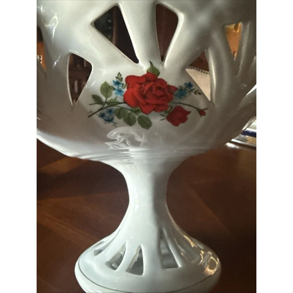 Vintage reticulated compote pedestal dish red roses